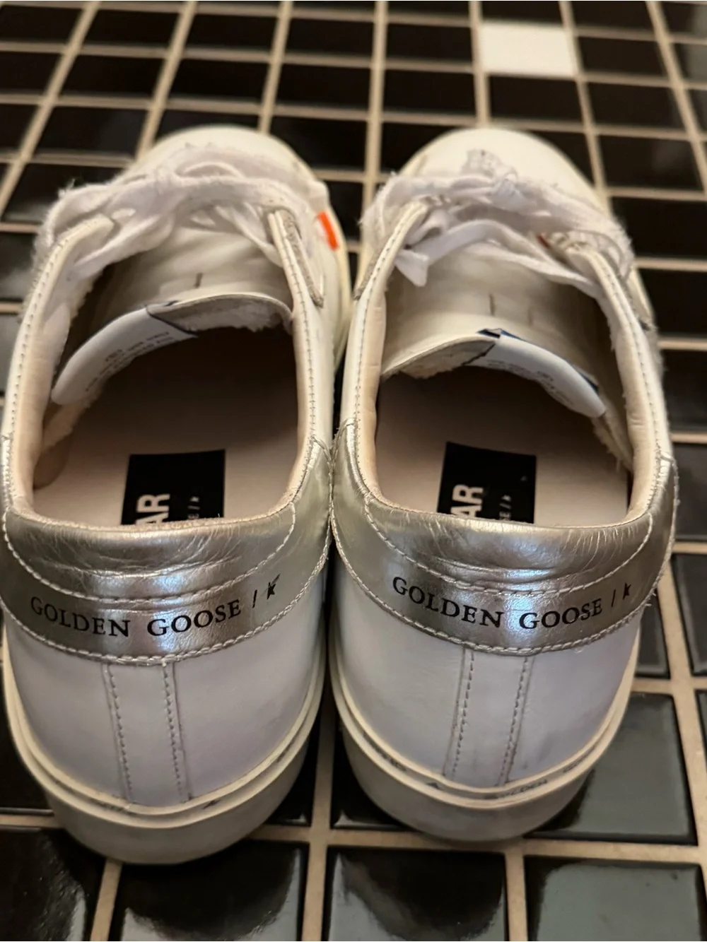 Golden Goose White Leather Sneakers with Gray Star and Orange Lace Tips